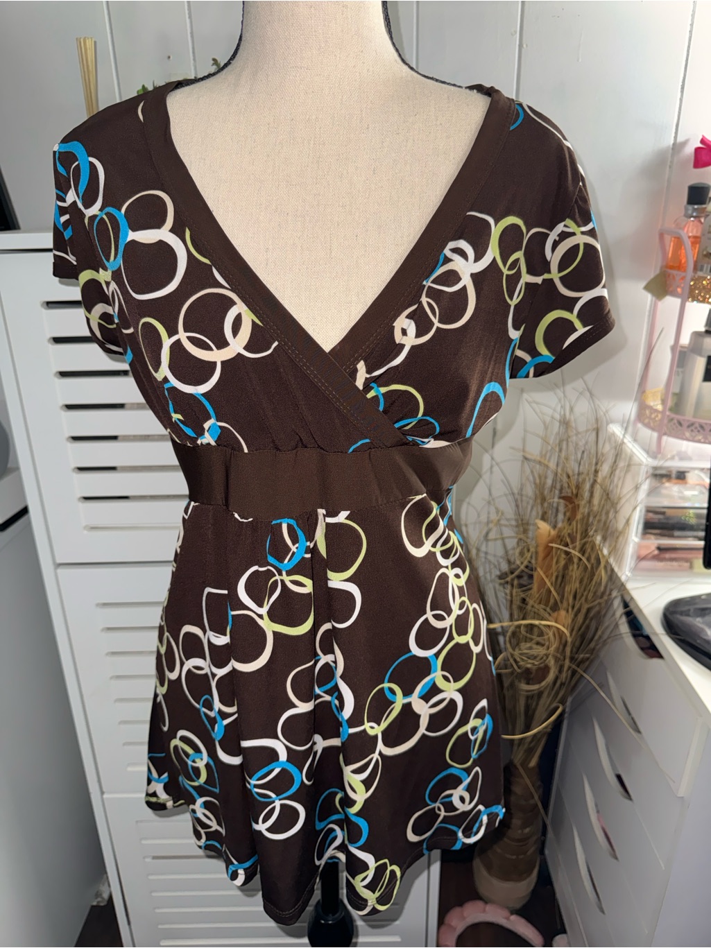 Brown Circle Print V-Neck Empire Waist Top